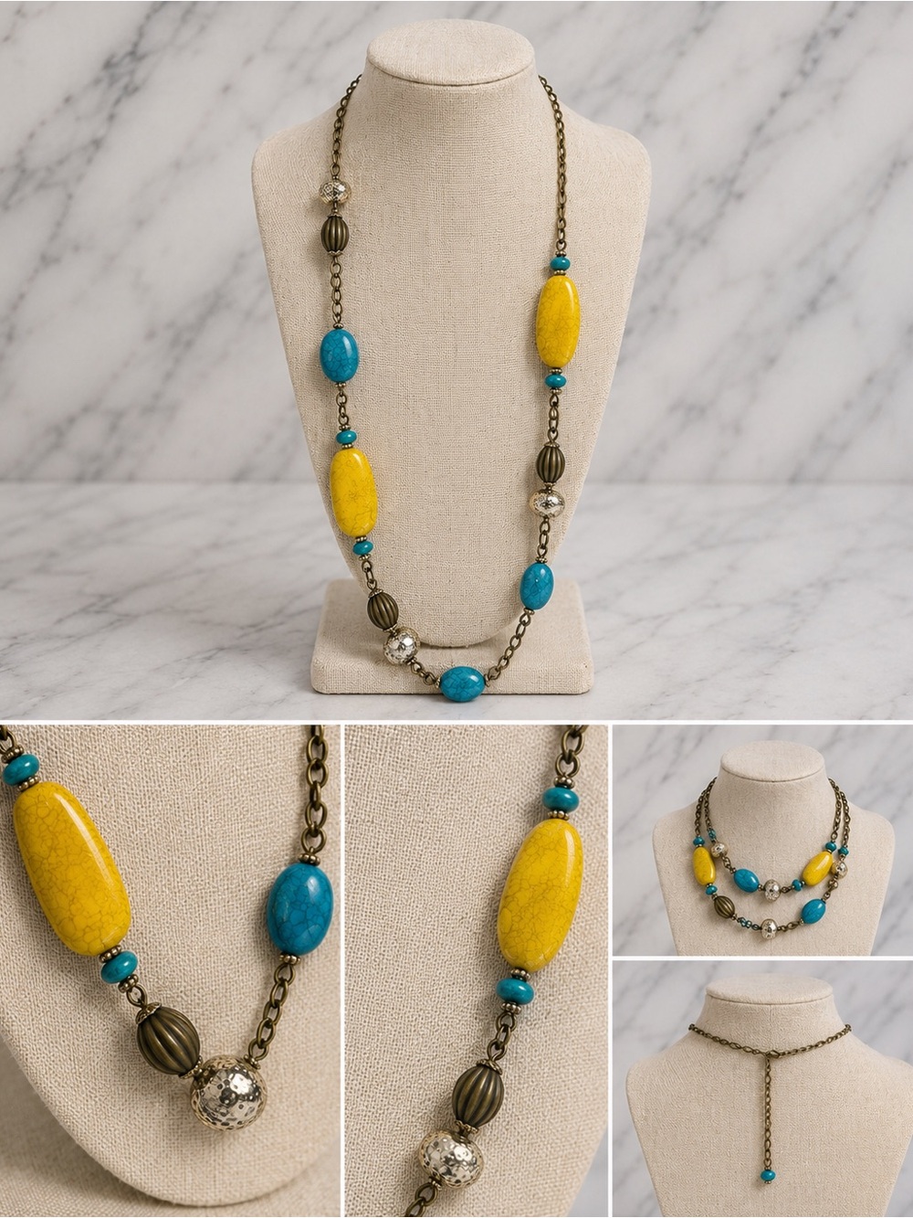 🌼 NWOT-Premier Designs Long Statement Necklace | Turquoise & Yellow Beads